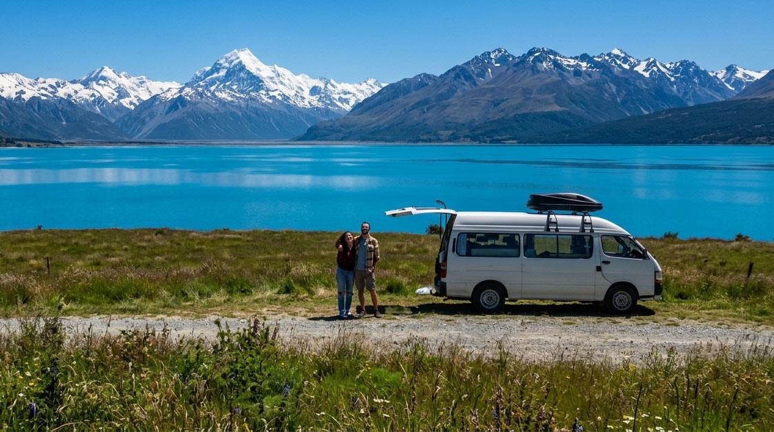 Ion and Astar with their campervan by a lake in New Zealand